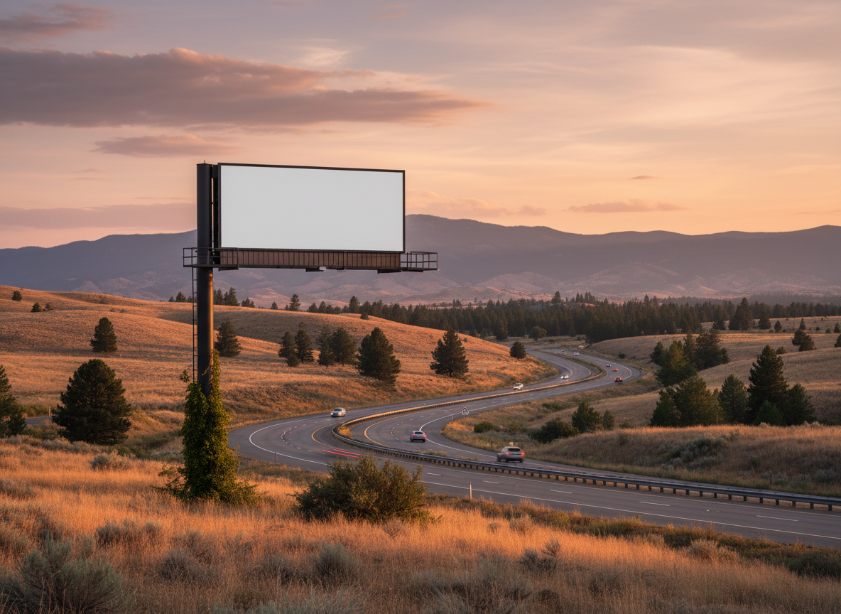 황혼녘 고속도로 옆에 있는 직사각형 빌보드 목업 이미지.