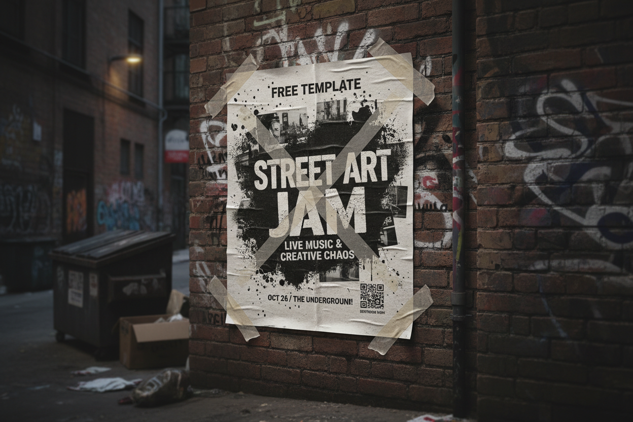 도시 골목 벽돌 벽에 테이프로 붙여진 포스터 목업, 그런지 미학.