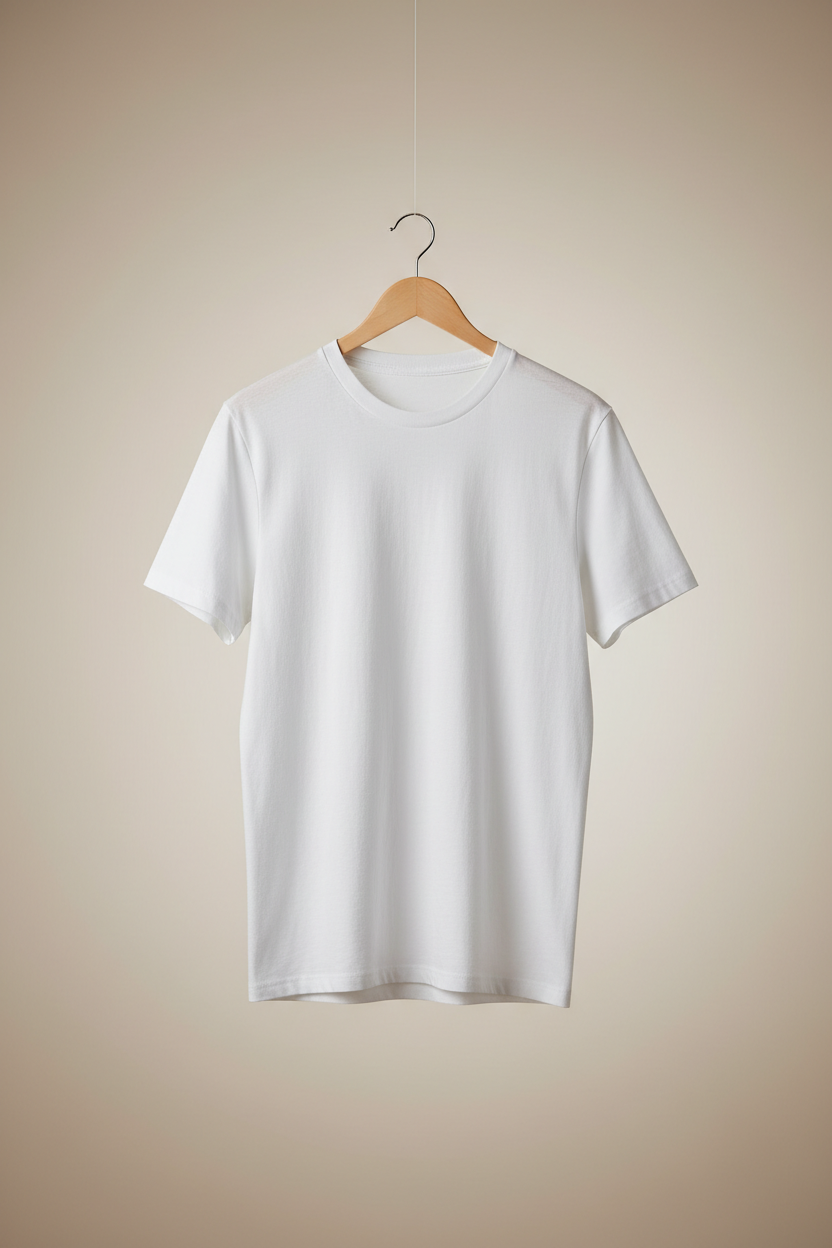 부드러운 배경에 나무 옷걸이에 걸린 흰색 티셔츠 목업.