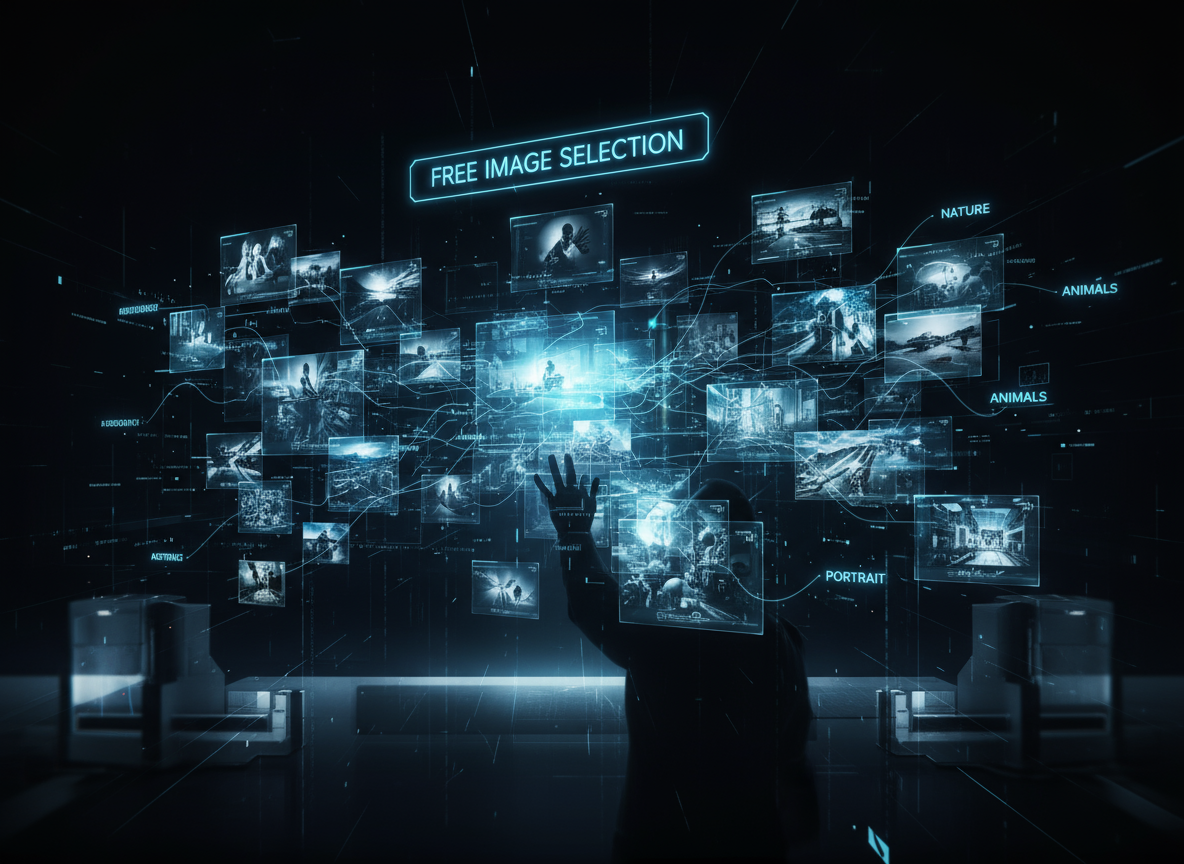 미래 지향적인 AI 인터페이스가 다양한 무료 이미지를 표시.