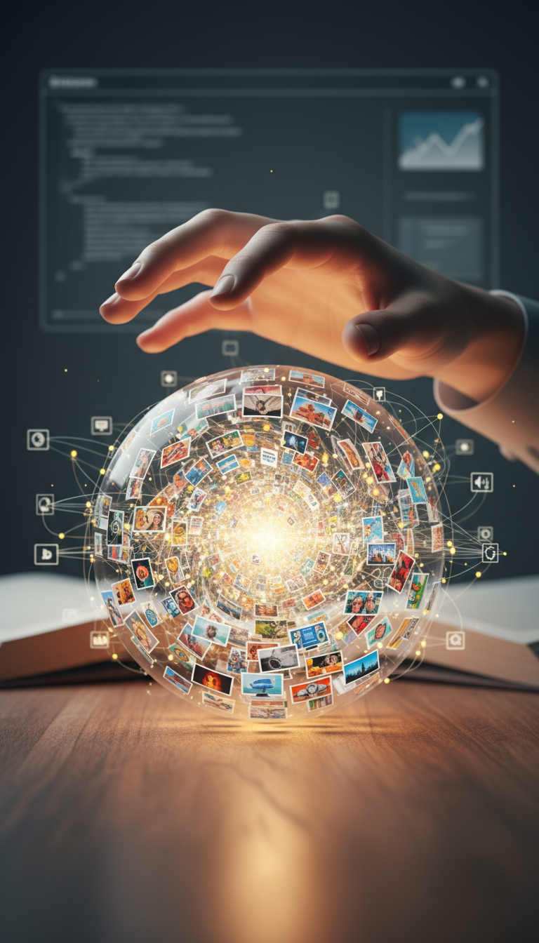 다양한 카테고리의 작고 상세한 이미지들로 정교하게 채워진 빛나는 구를 잡으려 부드럽게 손을 뻗는 모습, 쉽고 직관적인 무료 콘텐츠 이용 가능성을 상징, 매크로 사진 스타일.