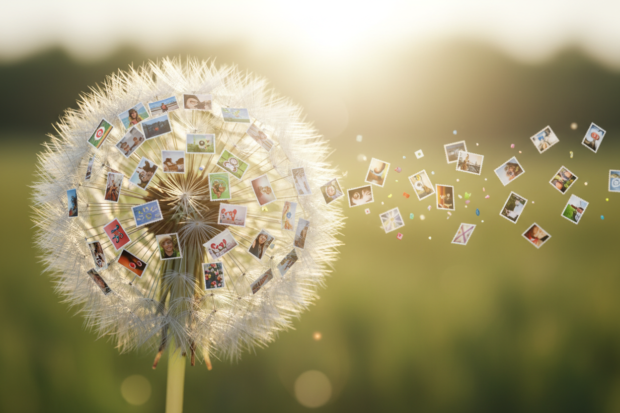 각각의 씨앗 솜털이 작은 사진인 민들레 씨앗 머리, 광범위한 무료 이미지 배포를 상징하며 바람에 날아감.