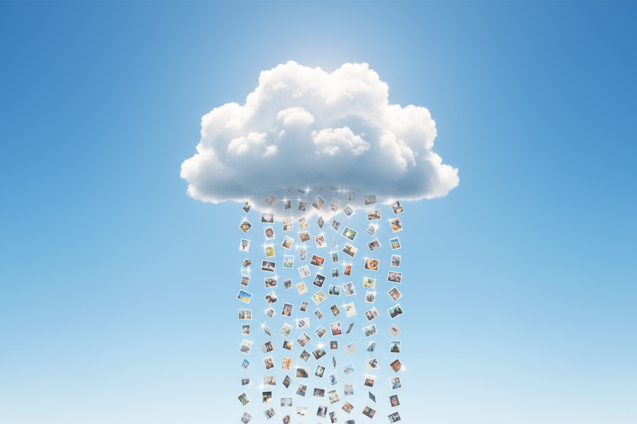 작은 사진 이미지를 비처럼 내리는 구름, 풍부한 무료 콘텐츠를 상징.