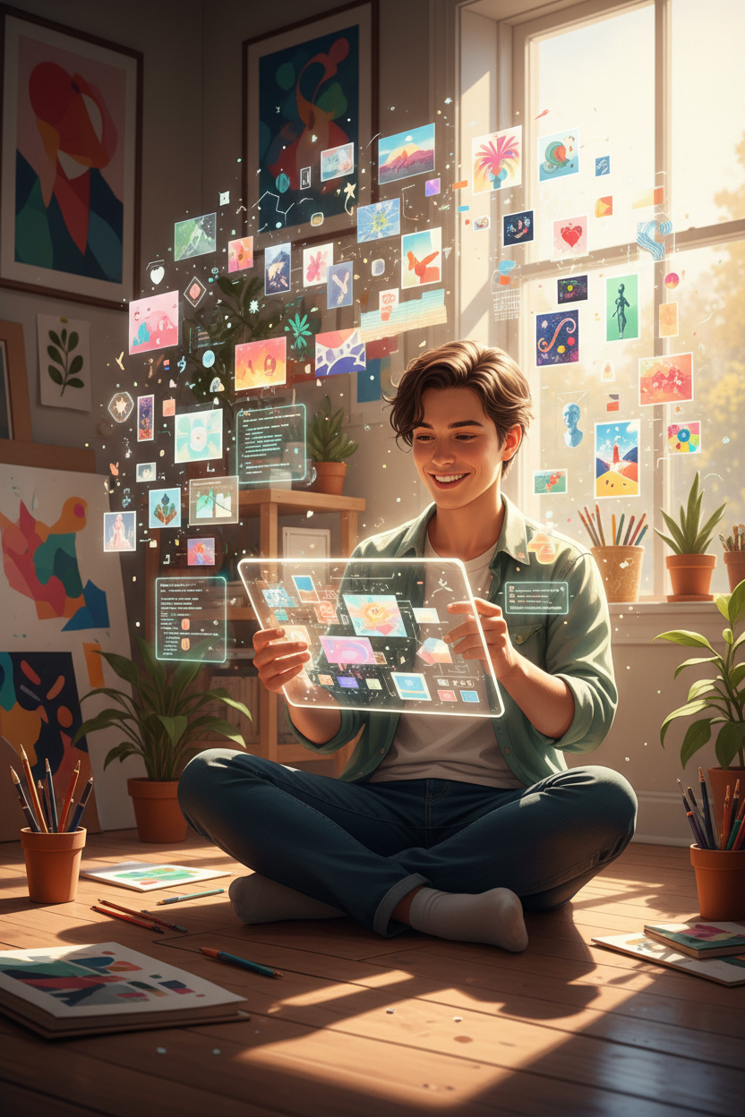 태블릿으로 창의적으로 작업하며 떠다니는 무료 이미지를 쉽게 통합하는 미소 짓는 사람.