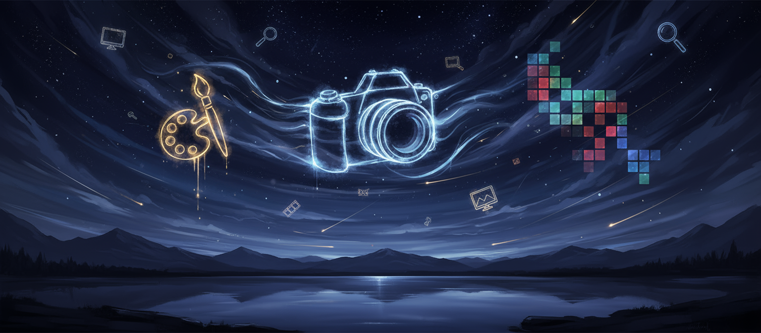 밤하늘의 별자리가 별이 아니라 다양한 이미지 유형(카메라, 붓, 픽셀)의 빛나는 신비로운 아이콘으로 이루어져, 우주의 캔버스 위에서 자유롭게 빛나는 몽환적인 밤하늘, 코스믹 아트.