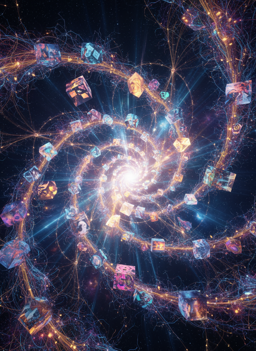 스타일화된 이미지 모양의 데이터 패킷이 광대하고 복잡하게 연결된 신경망을 통해 자유롭게 흐르는 추상적이고 역동적인 표현, 방해받지 않는 무료 시각 정보의 순환을 상징, 디지털 추상화.