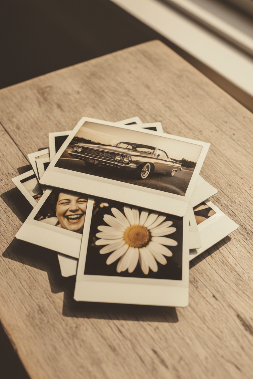 각각 독특한 무료 이미지를 담은 빈티지 폴라로이드 사진 더미.