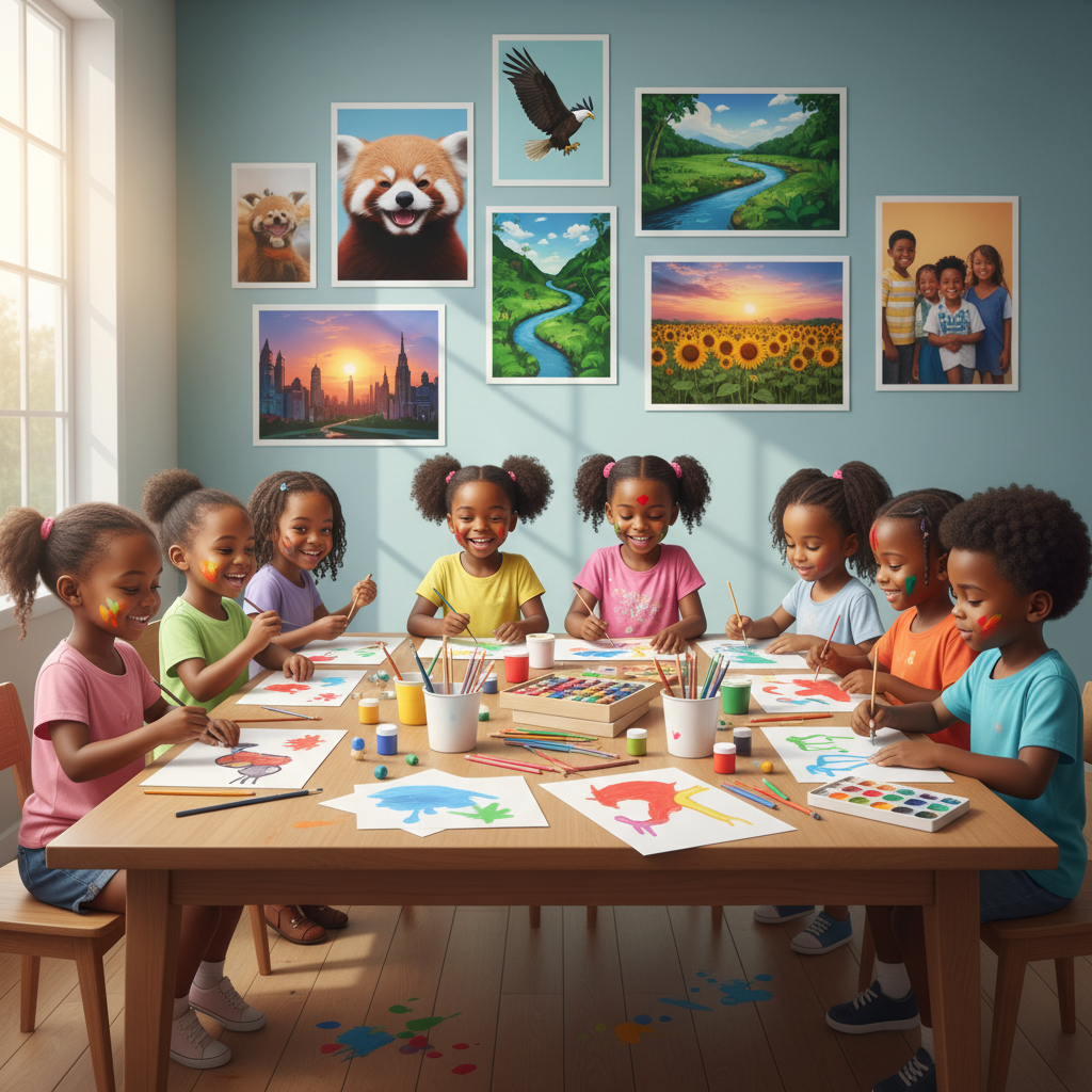 주변에 전시된 다양한 무료 이미지에서 영감을 받아 그림을 그리는 아이들.