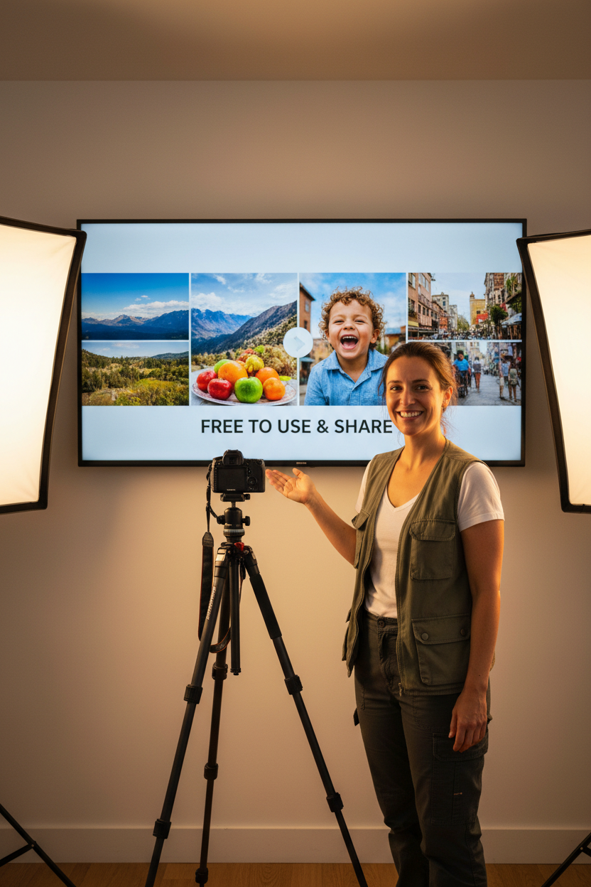 사진 작가가 자신의 고품질 무료 이미지를 디지털 화면에 전시하는 모습.