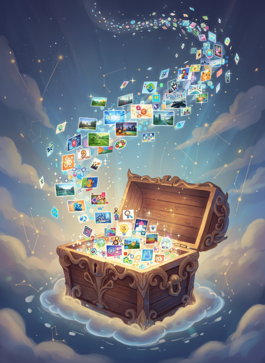 반짝이는 이미지로 가득 찬 열린 보물 상자, 가치 있는 무료 자료를 상징.