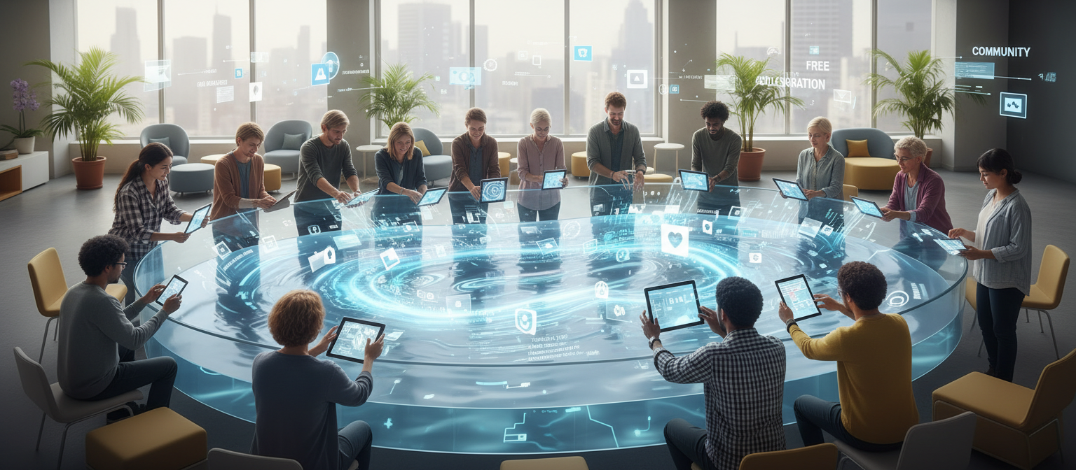 다양한 배경을 가진 다문화 사람들이 대형 인터랙티브 스크린에 있는 공유된 투명한 디지털 풀에 이미지를 함께 추가하는 모습, 커뮤니티, 오픈 소스, 무료 기여를 보여줌, 협업 작업 공간.