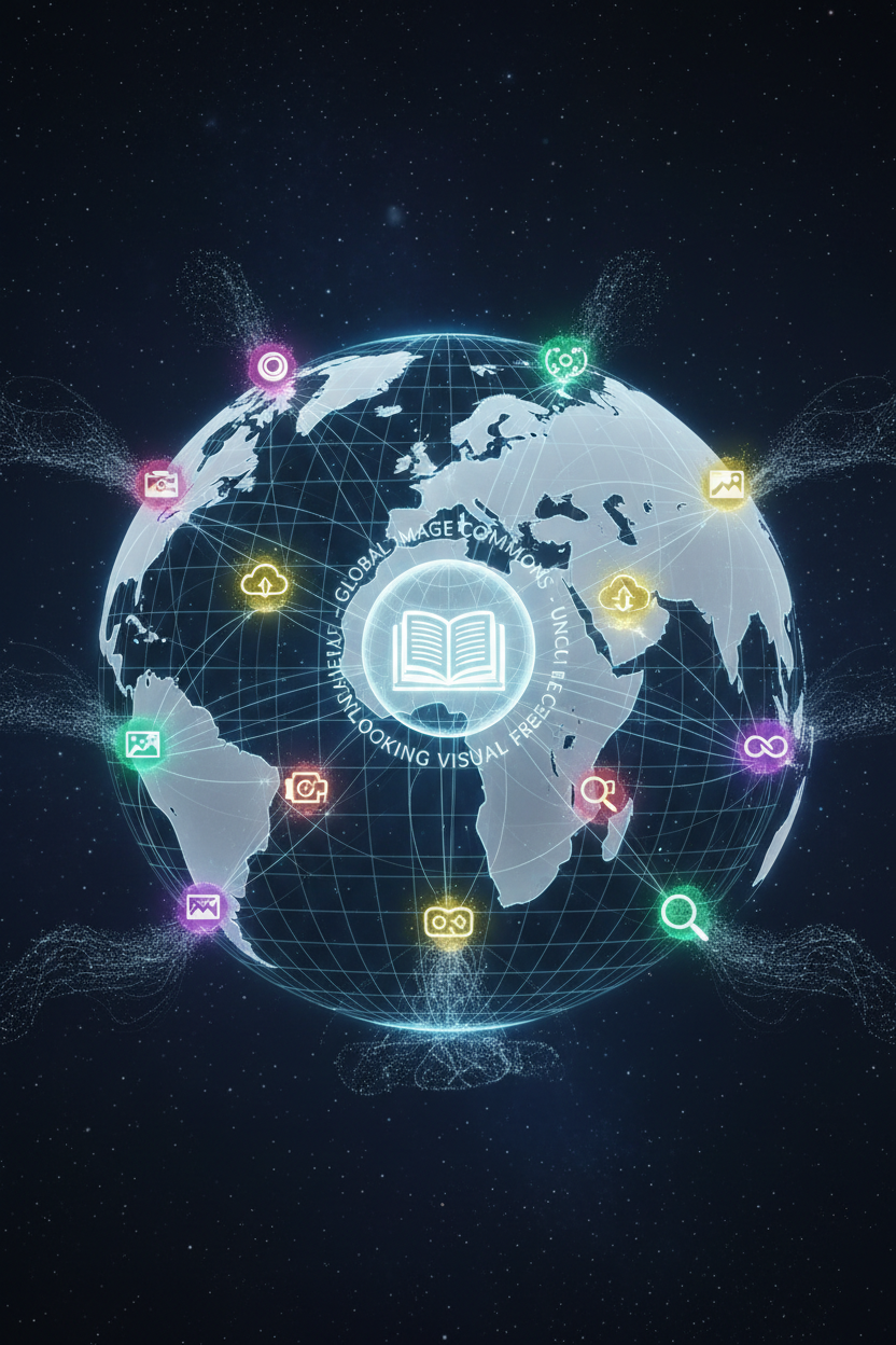 빛나는 글로벌 네트워크 그리드를 스타일화한 모습, 다양한 지리적 노드에서 생생하고 맥동하는 이미지 아이콘이 팝업되며, 전 세계적인 무료 이미지 가용성과 접근성을 상징, 미래 지도 시각화.