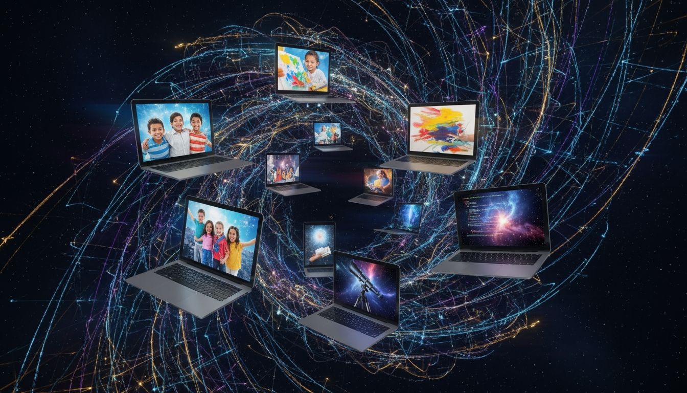 각각 고유하고 고품질 이미지를 표시하는 기기들을 연결하는 글로벌 네트워크, 보편적인 무료 접근을 상징.