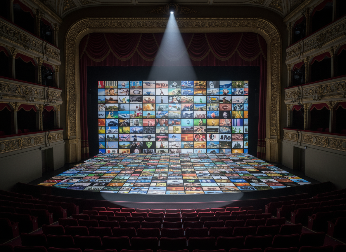 스포트라이트가 고화질 무료 이미지로 가득 찬 무대를 비추고 있음, 준비 상태를 나타냄.