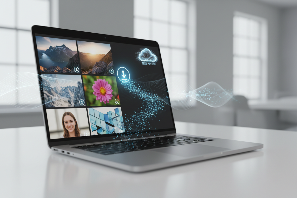 다양한 무료 이미지가 디지털 클라우드에서 노트북으로 다운로드되는 모습.