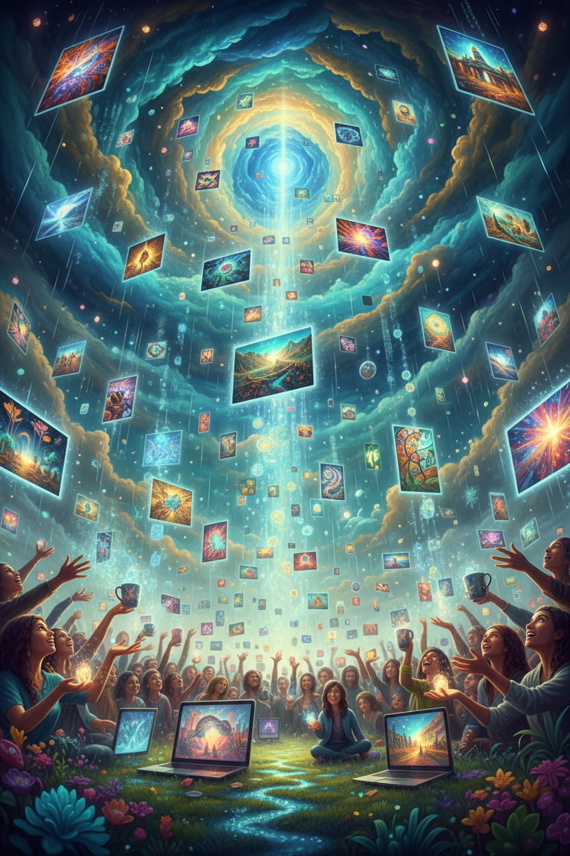 생생한 고해상도 이미지가 문자 그대로 스타일화된 하늘에서 비처럼 내려와 열린 손과 다양한 디지털 기기에 부드럽게 안착하는 기발하고 몽환적인 장면, 풍부함과 손쉬운 획득을 상징, 마술적 사실주의.