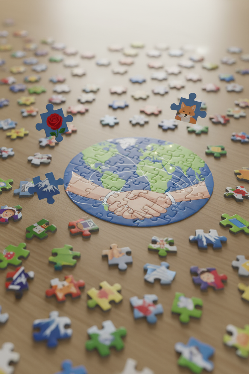 다양한 무료 이미지가 담긴 퍼즐 조각들이 모여 하나의 큰 그림을 완성하는 모습.