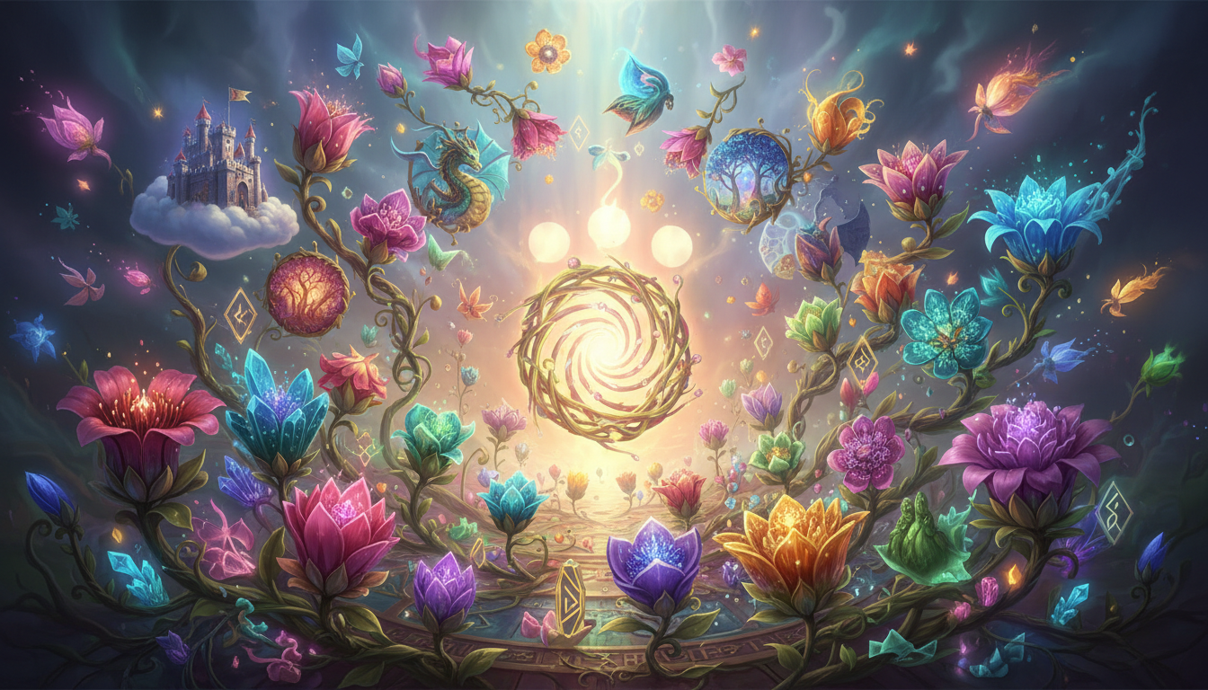 끝없이 성장하는 다채로운 이미지 정원으로 재해석된 '로딩' 애니메이션, 각 이미지는 창의적인 사용이 가능해지면서 정교한 디테일과 함께 만개하는 모습, 빛나는 요소가 있는 판타지 일러스트레이션.