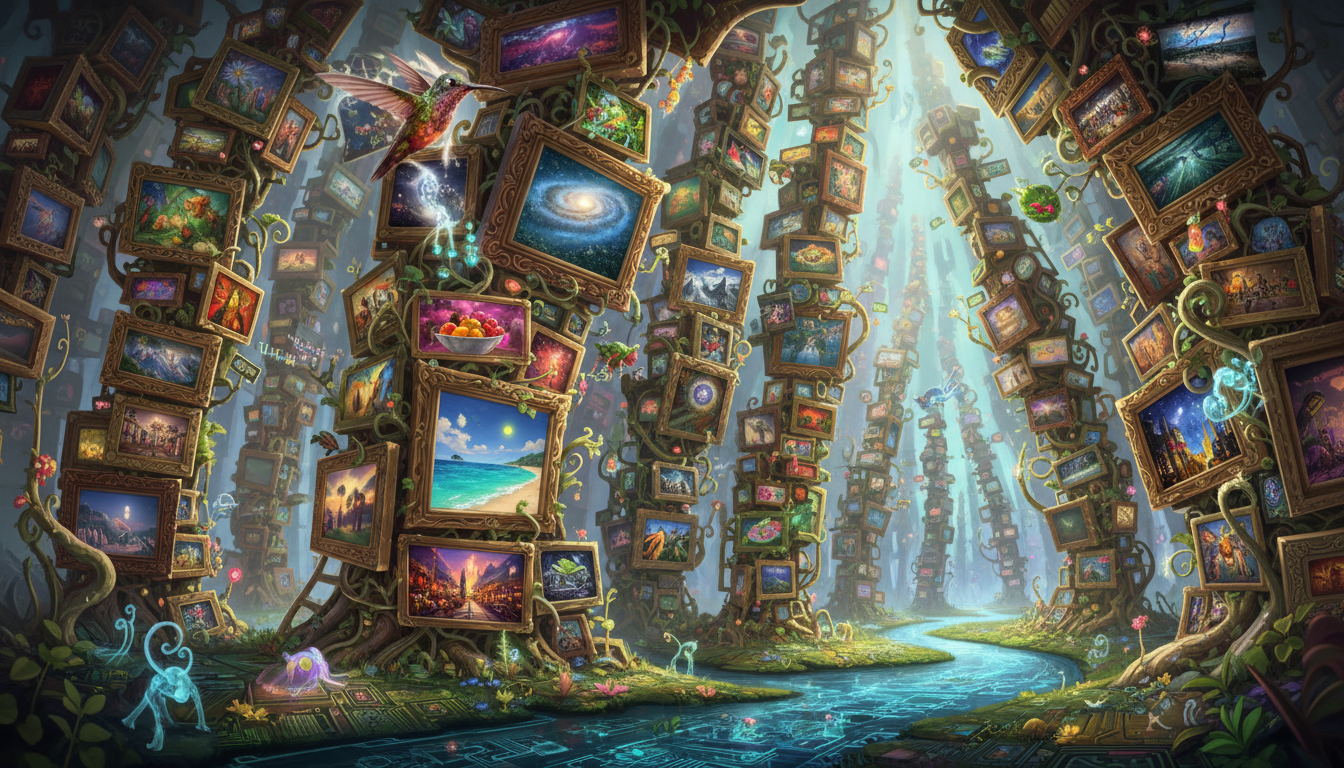 각기 다른 생생한 무료 이미지를 보여주는 사진 프레임으로 정교하게 쌓여 만들어진 나무들로 구성된 기발한 디지털 숲, 몰입감 있고 시각적으로 풍부한 환경을 조성, 기발한 일러스트레이션.