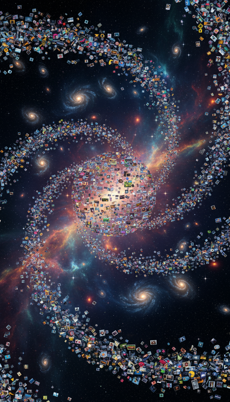 성운과 은하가 미세하고 복잡한 무료 이미지들의 소용돌이치는 덩어리로 형성된 우주 풍경.