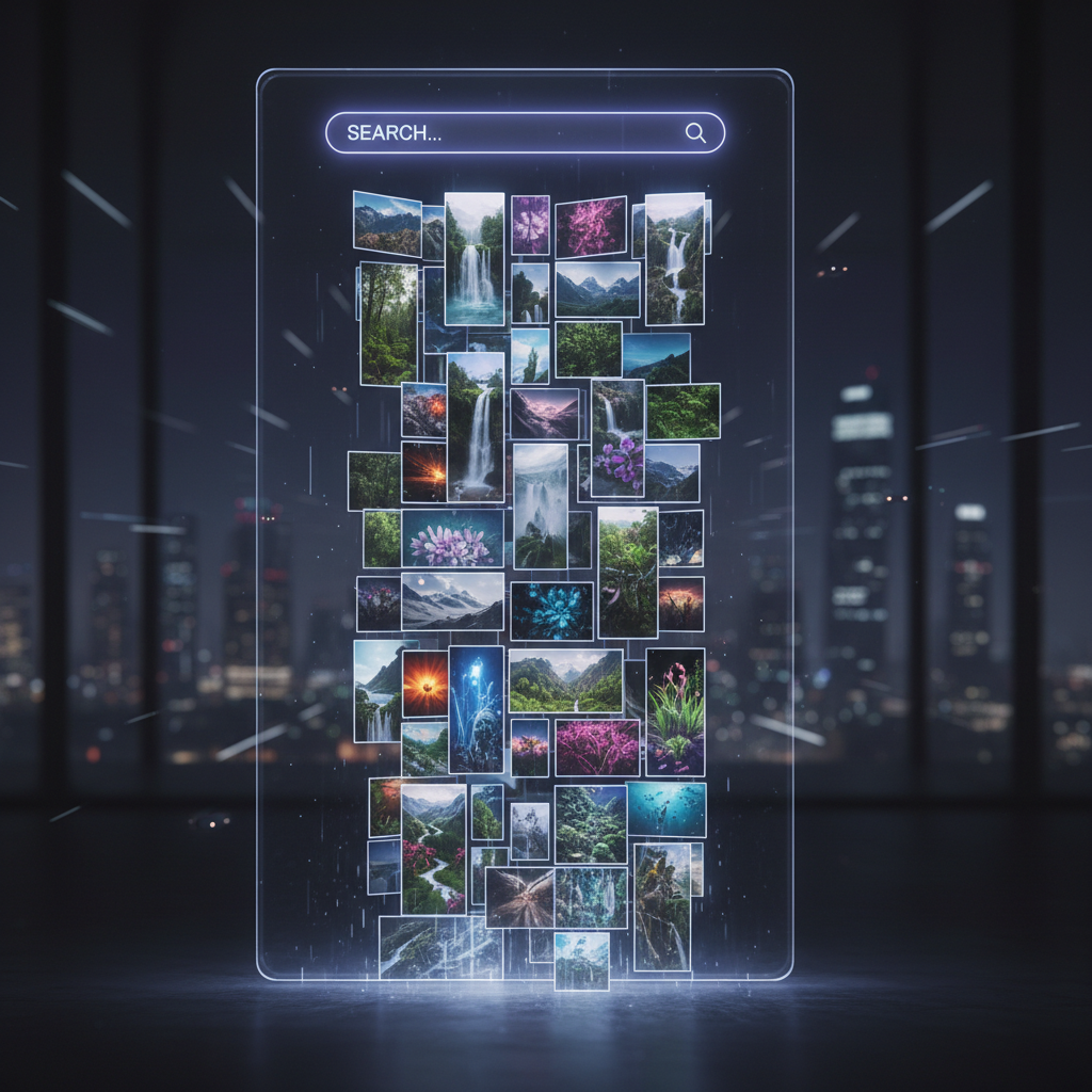 검색 바에서 멋진 이미지가 폭포처럼 쏟아지는 깔끔한 UI, 즉각적인 무료 액세스를 나타냄.