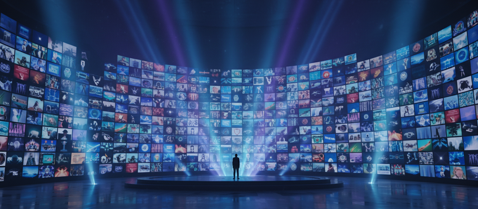 거대한 디지털 벽 앞에 서있는 실루엣, 다양한 무료 이미지의 끊임없는 몽타주를 통해 무한한 가능성을 보여줌.