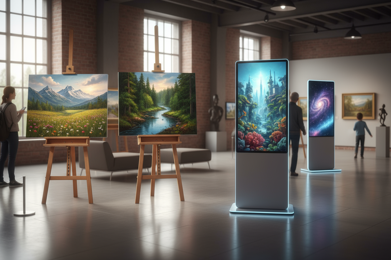 전통 예술과 디지털 예술이 융합된 고요한 풍경, 나무 이젤 위의 고전적인 캔버스와 현대적인 디지털 화면이 나란히 서 있으며, 둘 다 자연의 생생한 고품질 무료 이미지를 보여줌, 미술관 배경.