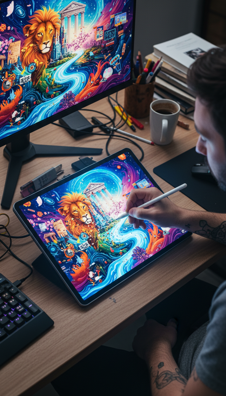태블릿에서 다양한 무료 이미지 구성 요소를 사용하여 걸작을 그리는 디지털 아티스트.