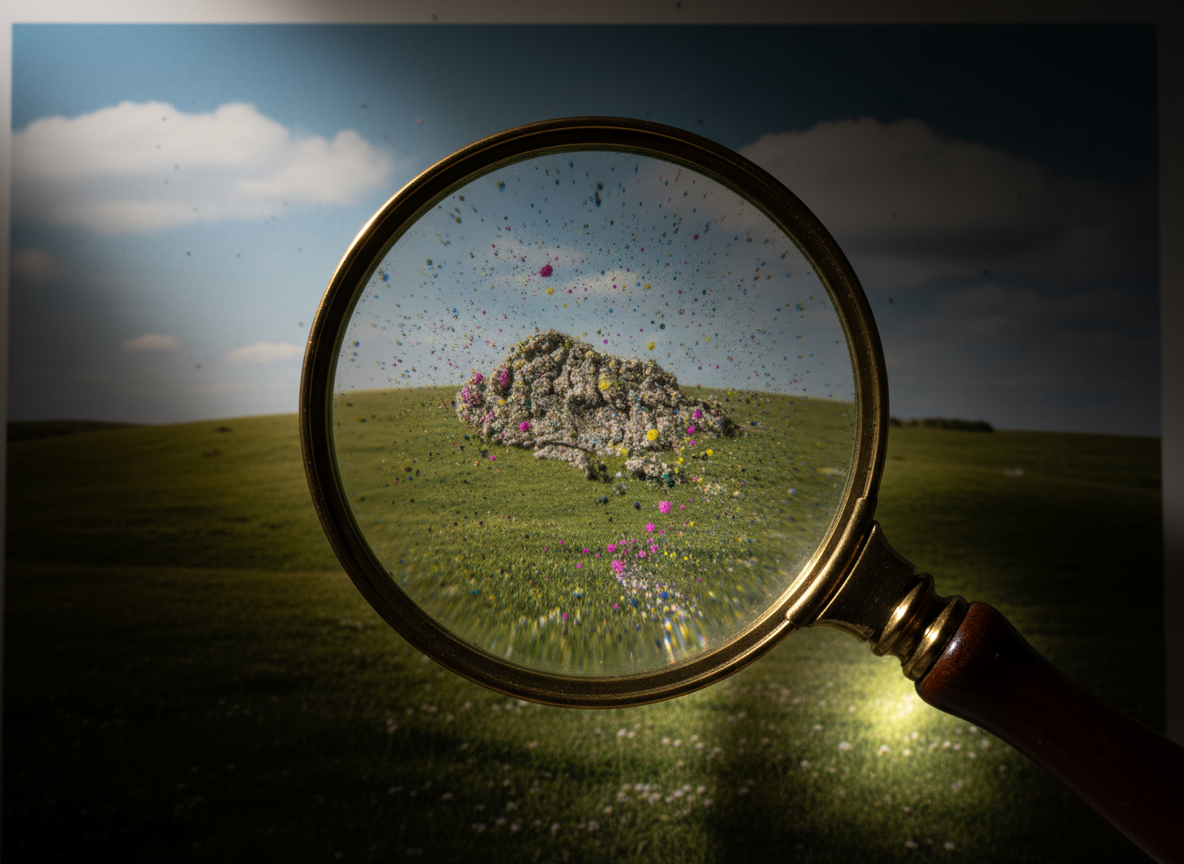 빈티지 돋보기가 단순해 보이는 풍경 이미지 속 복잡한 세부 사항과 질감을 드러내는 클로즈업 드라마틱한 장면, 쉽게 구할 수 있는 무료 사진의 숨겨진 품질과 깊이를 강조, 드라마틱한 키아로스쿠로 조명.