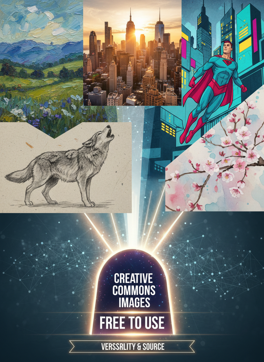 무료 이미지 웹사이트 포털에서 시작된 다양한 예술 스타일의 역동적인 몽타주.