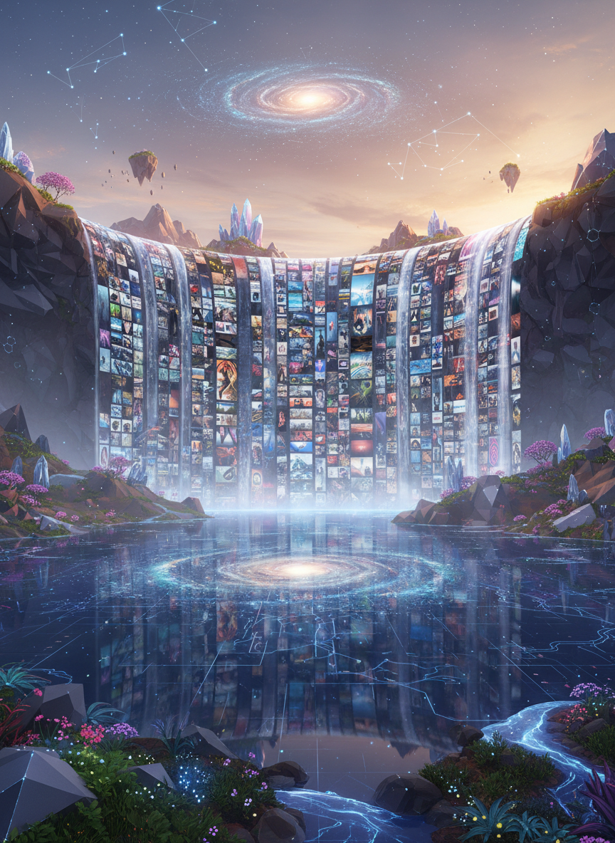 고해상도 사진으로 이루어진 디지털 폭포가 잔잔한 디지털 호수로 흘러들어 풍부한 무료 이미지 사이트를 나타냅니다.