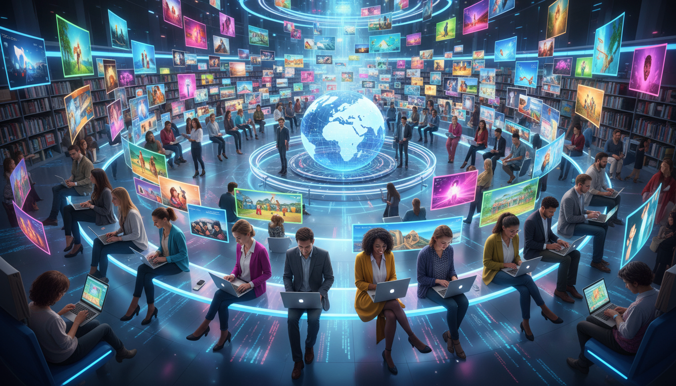 다양한 사람들이 노트북과 태블릿을 사용하여 빛나는 디지털 이미지 라이브러리를 탐색하는 모습으로, 무료 이미지 사이트를 상징합니다.
