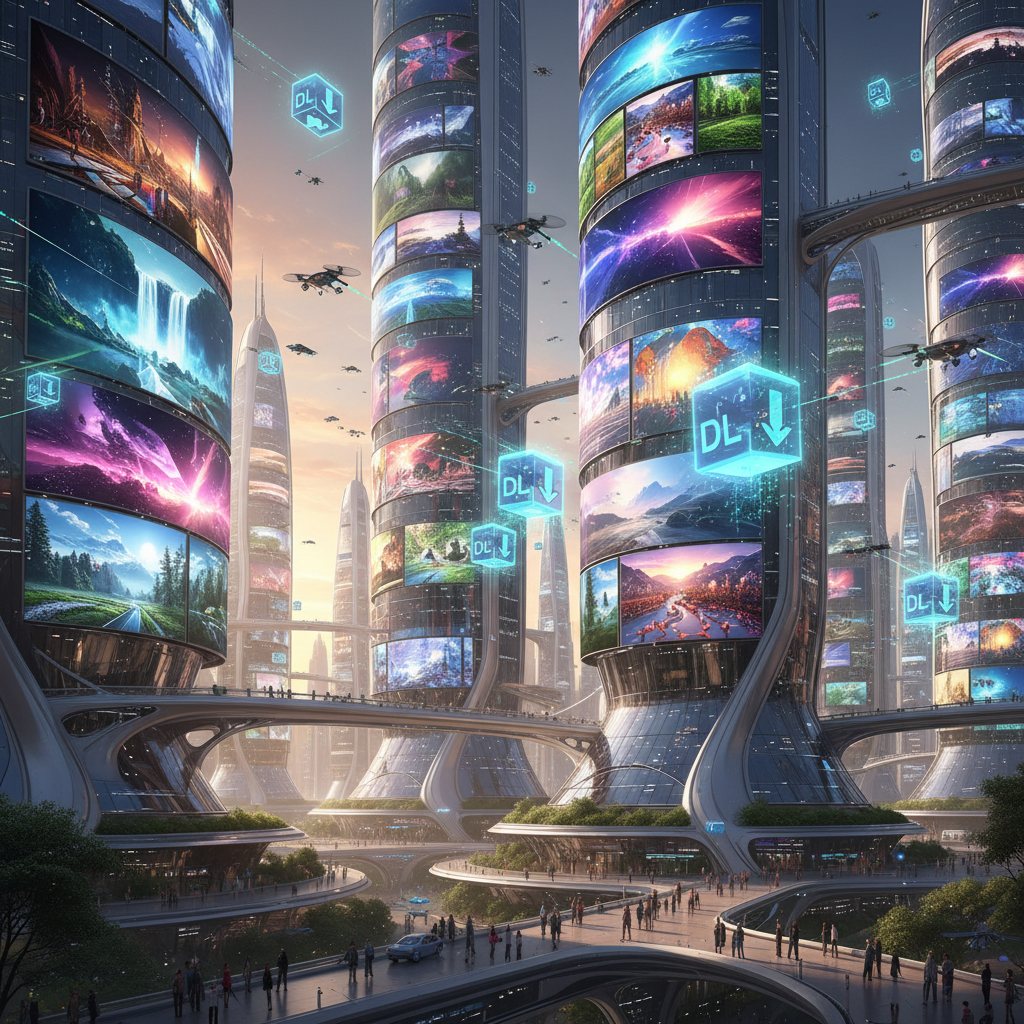 드론이 접근하여 건물이 무료 이미지를 전시하는 미래 도시 풍경은 광범위한 무료 이미지 사이트를 의미합니다.