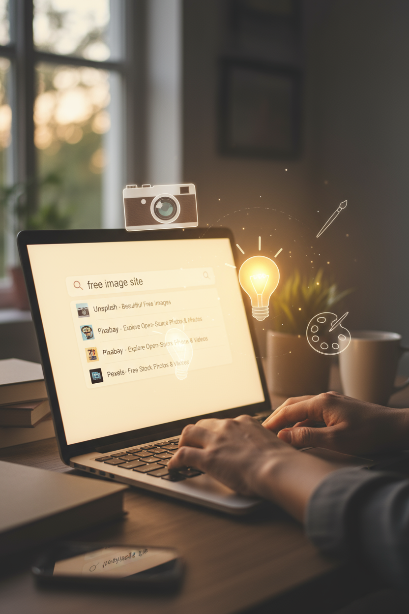 노트북으로 무료 이미지 사이트를 검색하는 손과 주변에 떠오르는 창의적인 아이콘들.