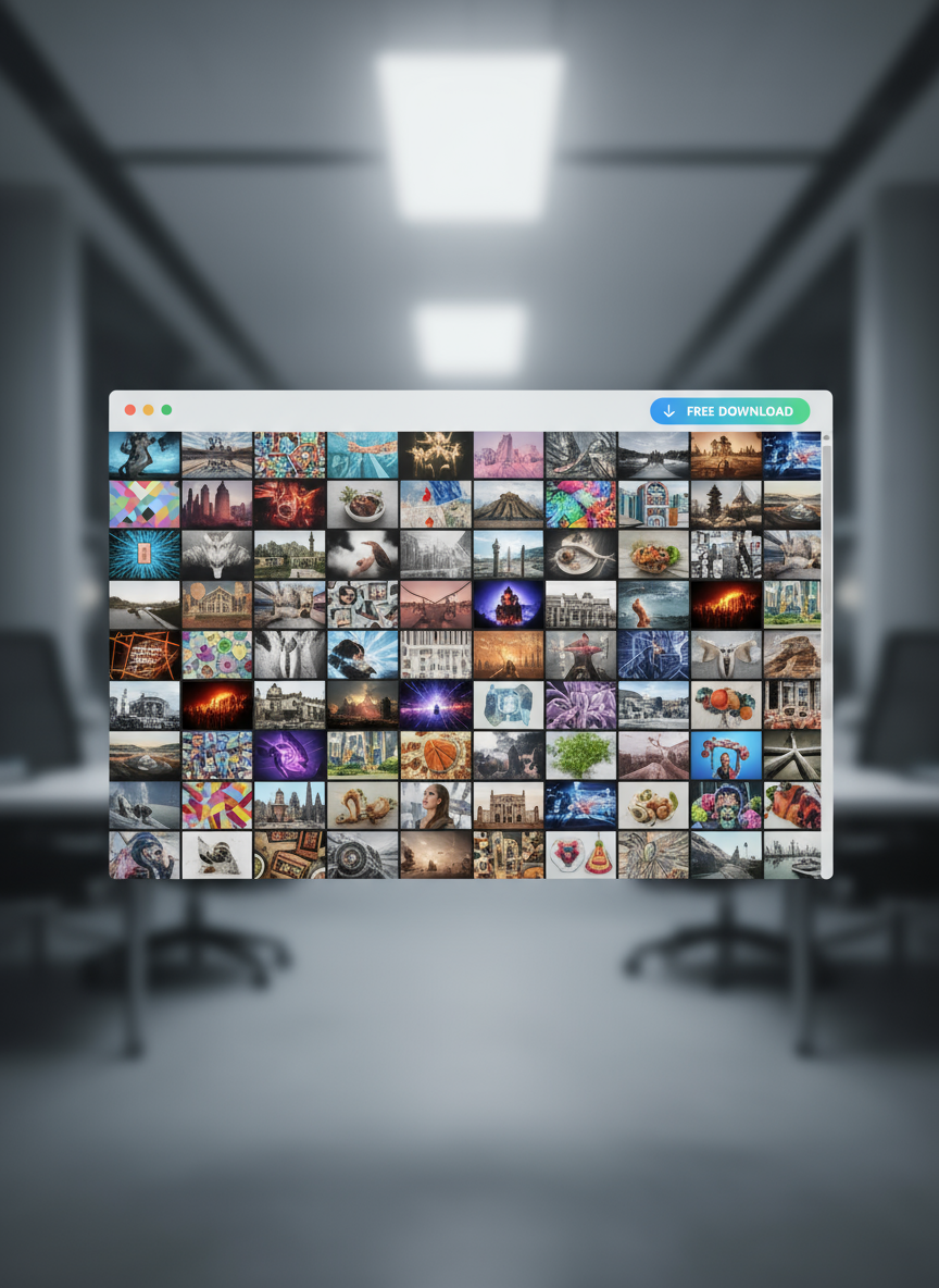 끊임없이 스크롤되는 멋진 이미지들과 명확한 '무료 다운로드' 버튼이 있는 현대적인 브라우저 창으로, 쉬운 접근성을 강조합니다.