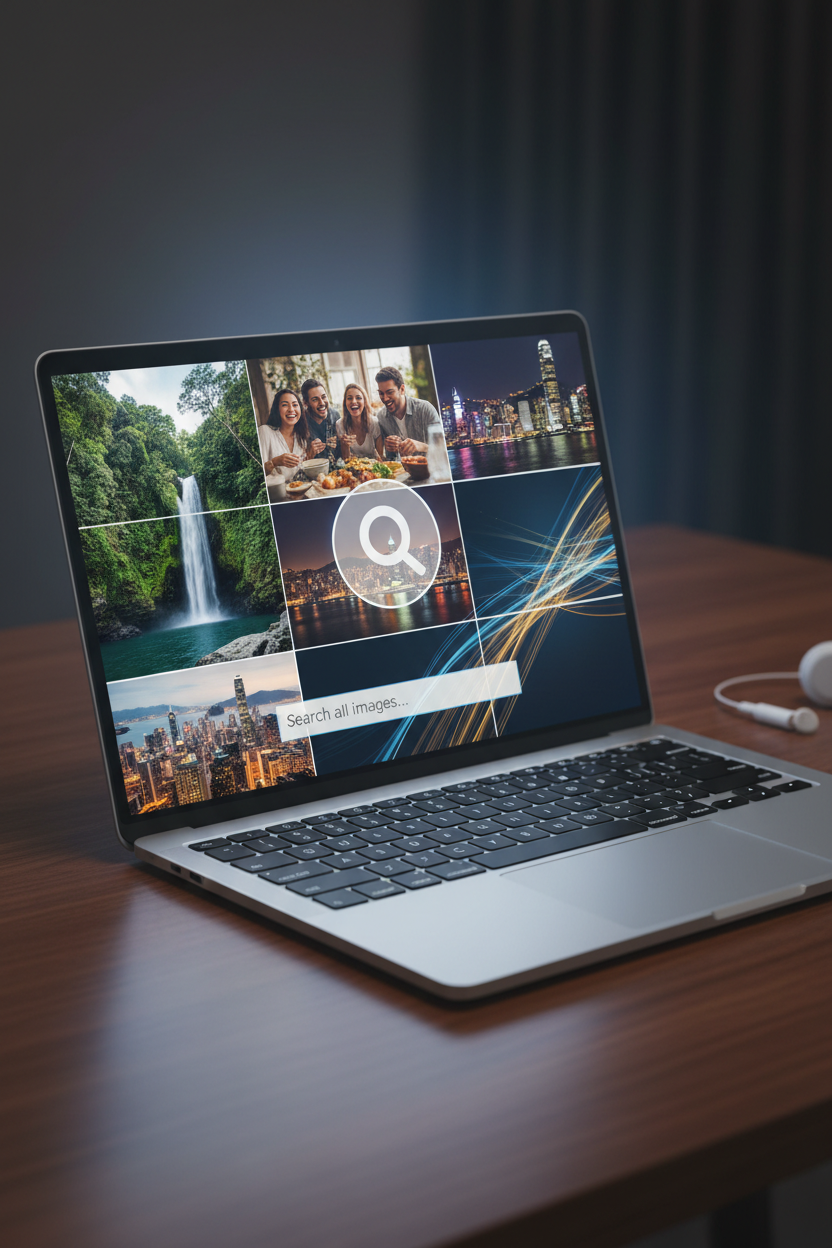 무료 이미지 웹사이트를 나타내는 검색창과 함께 다양한 이미지 콜라주가 표시된 노트북 화면.