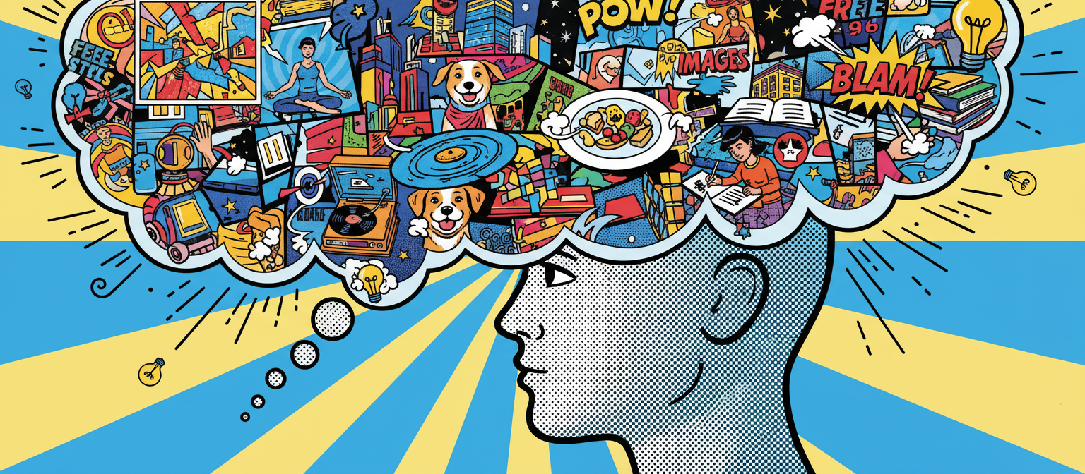 사용자의 머리 위에 다양한 이미지로 가득 찬 생각 풍선, 무료 이미지 사이트로부터 얻은 영감을 의미합니다.