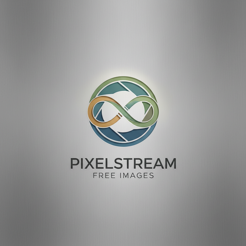 카메라 렌즈와 무한대 기호가 결합된 무료 이미지 사이트의 미니멀리스트 로고 컨셉.