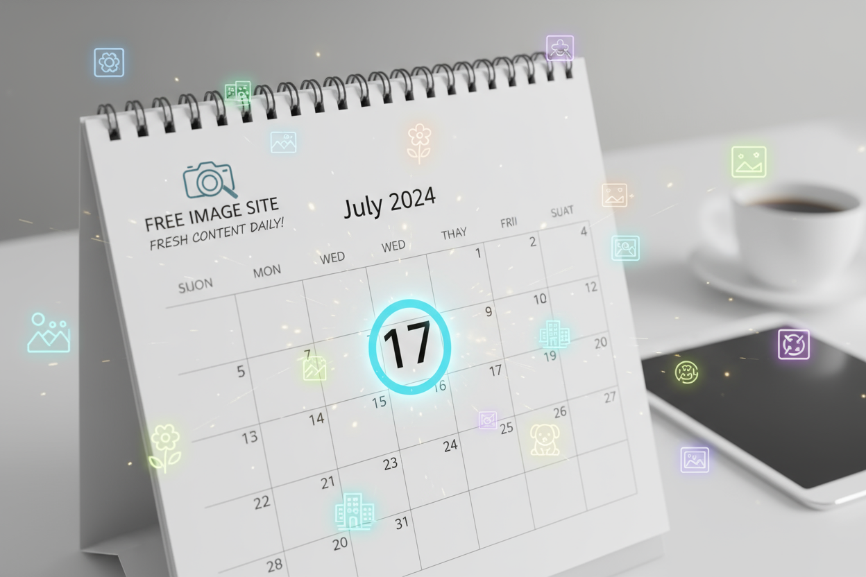 오늘 날짜가 강조된 달력 주위에 새로운 이미지 아이콘들이 있어 무료 이미지 사이트의 빈번한 업데이트를 나타낸다.