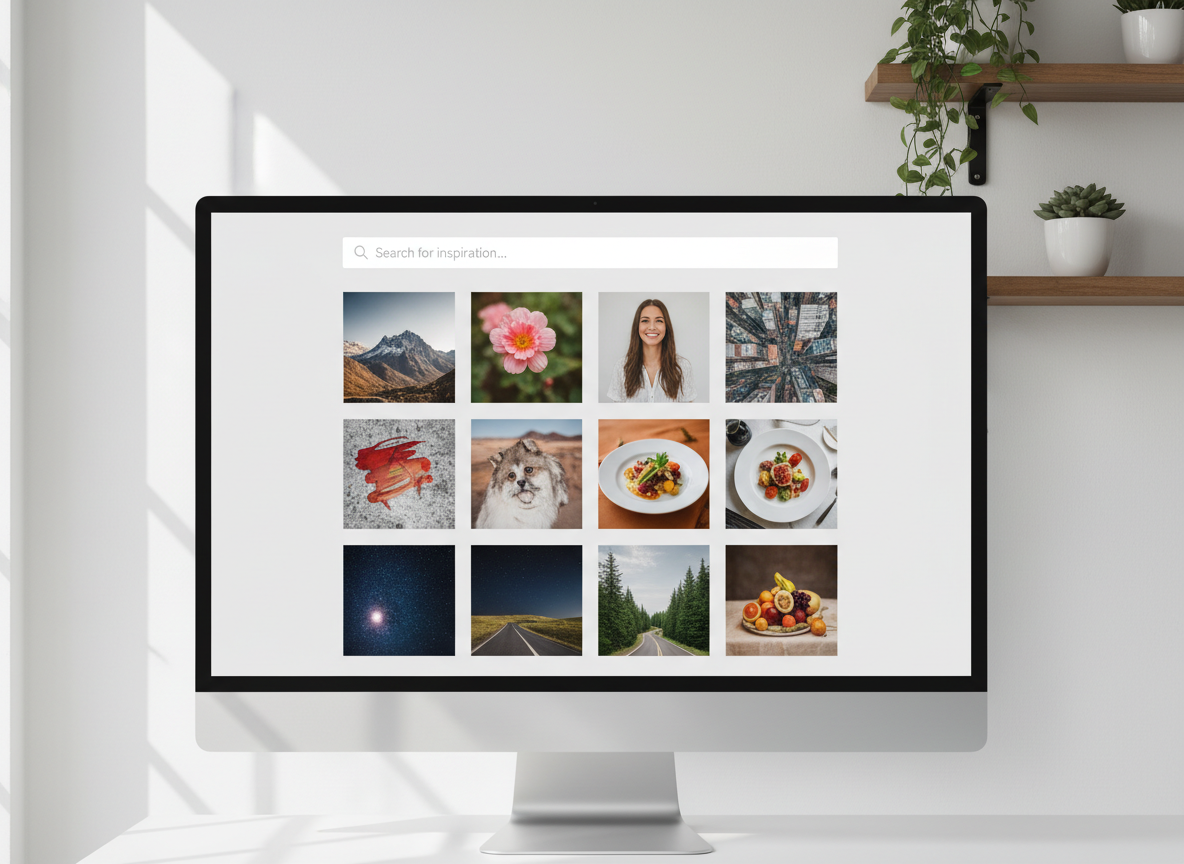 깨끗하고 미니멀한 무료 이미지 웹사이트 인터페이스에 눈에 띄는 검색 바와 아름다운 사진 그리드가 있습니다.