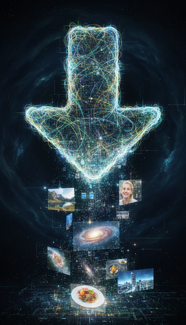 다운로드 아이콘을 형성하는 빛나는 데이터 라인에서 고해상도 이미지가 나타나, 무료 이미지에 대한 쉬운 접근성을 상징합니다.