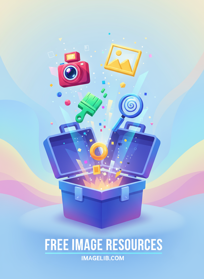 다양한 이미지 관련 아이콘들이 가득한 디지털 도구 상자가 열려 무료 이미지 사이트의 자원을 표현한다.