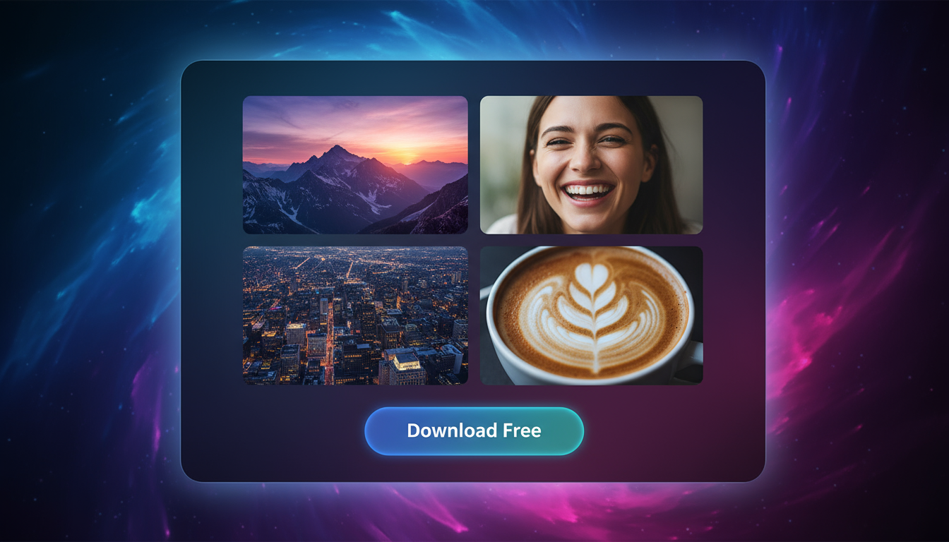 다양한 무료 고품질 이미지가 모자이크처럼 배열된 현대적인 웹사이트 화면.