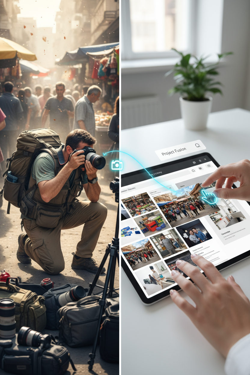 사진작가가 사진을 찍는 모습과 디자이너가 온라인 갤러리에서 해당 이미지를 사용하여 창작 프로젝트에 활용하는 모습을 보여주는 분할 이미지로, 무료 이미지 사이트를 설명합니다.