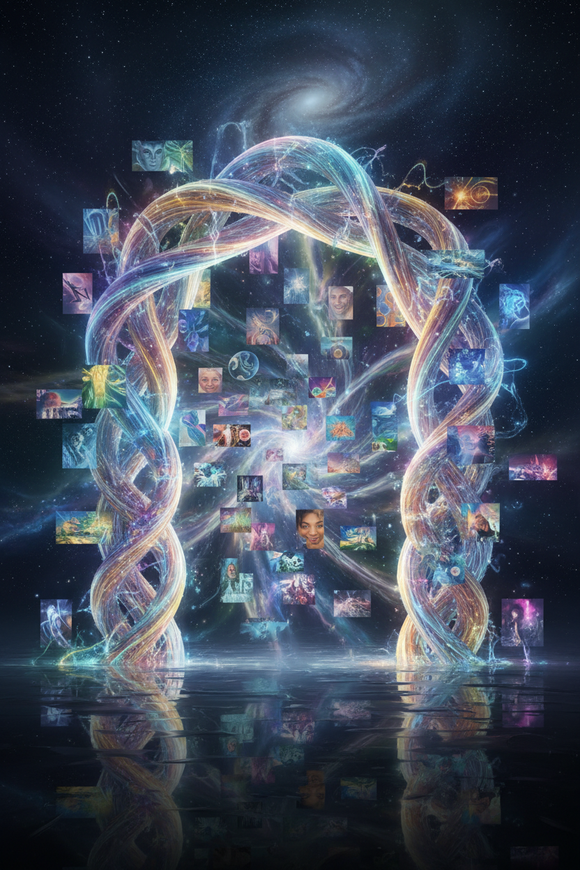 빛나는 열린 문이 아름다운 이미지의 소용돌이치는 우주로 이어져 무료 이미지 사이트의 무한한 창의적 가능성을 상징합니다.