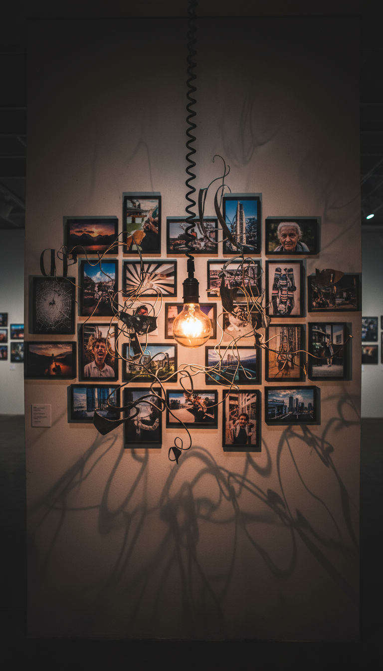 빛나는 전구가 무료 사이트의 다양하고 아름다운 이미지들로 채워진 갤러리 벽을 비춘다.