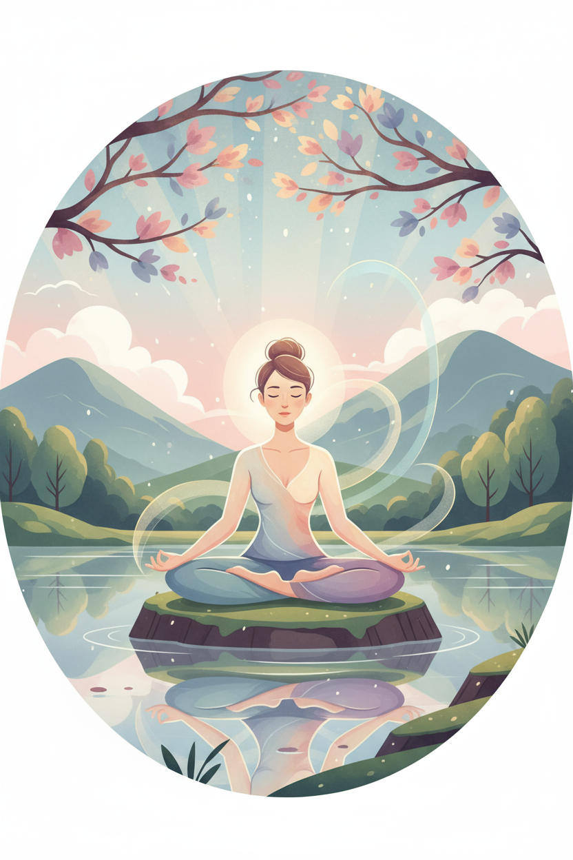 고요한 자연 속에서 명상하는 사람을 묘사한 건강 및 웰니스 일러스트.