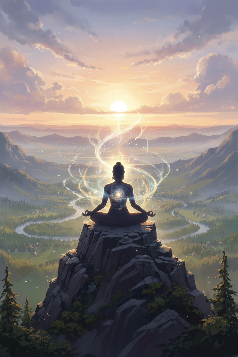 산 정상에서 명상하는 사람을 묘사한 평화로운 일러스트레이션.