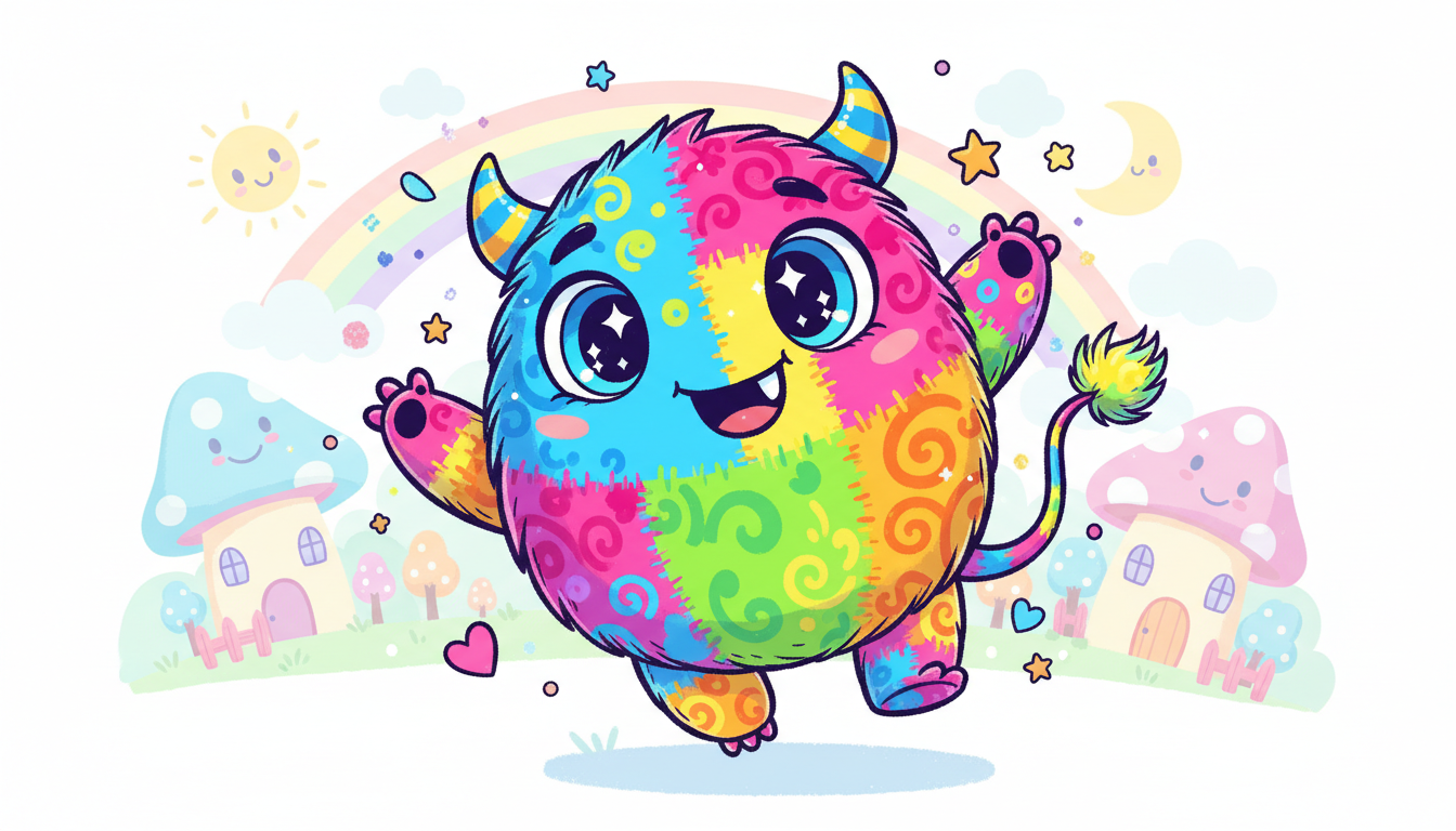 행복한 작은 괴물 캐릭터를 그린 귀여운 만화 일러스트.
