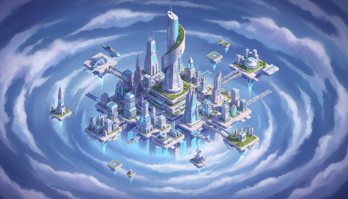 구름 위에 떠 있는 미래 도시를 묘사한 등각 투영 일러스트.